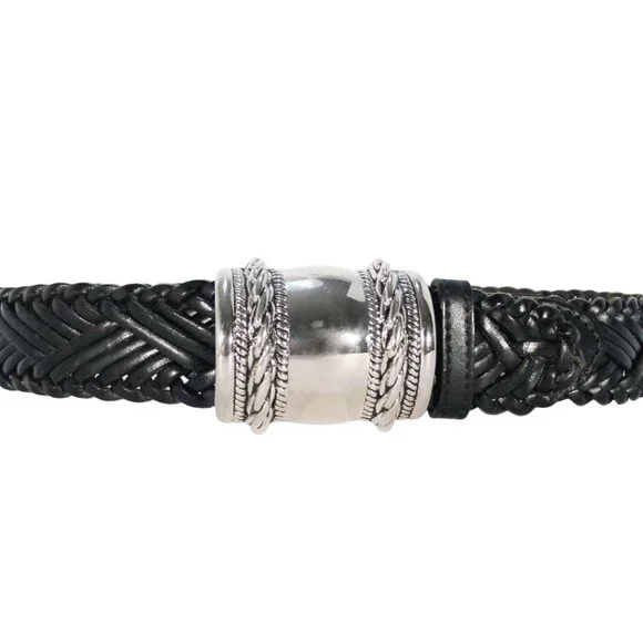 ANN TAYLOR Braided Black Leather Belt Silver Barrel Buckle Women's S - TURKEY - Picture 5 of 5